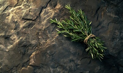 Fresh herbs like rosemary and thyme tied together with twine, resting on a rustic slate surface for an aromatic and culinary composition