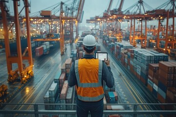 Logistics manager stands in a reflective moment while monitoring operations in a bustling industrial shipping environment filled with containers