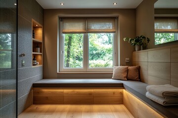 This serene traditional bathroom showcases natural light through large windows, with wooden accents enhancing the tranquil atmosphere