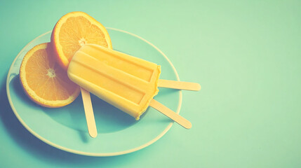 Orange slices and a popsicle rest on a blue plate, set against a cool, vibrant blue background.
