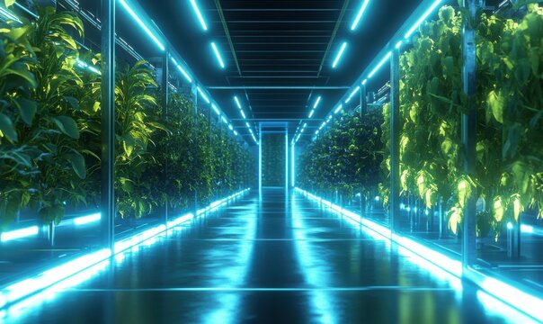 Futuristic hydroponic farm glowing with vibrant blue and green hues, reflecting advanced agricultural technology.