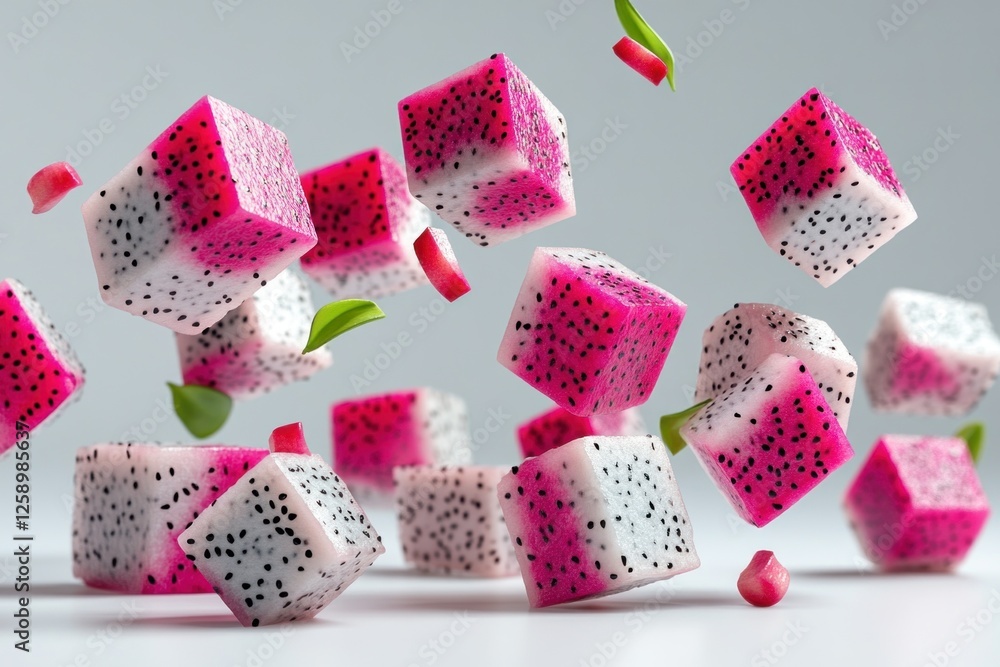 Poster cubes of dragon fruit hover mid-air surrounded by vibrant pink and white patterns, creating a lively