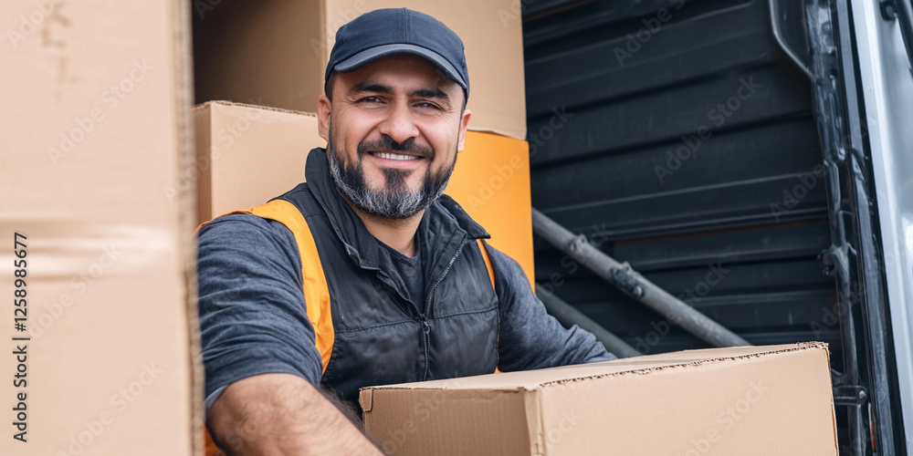 Poster Delivery worker loading boxes into delivery vehicle