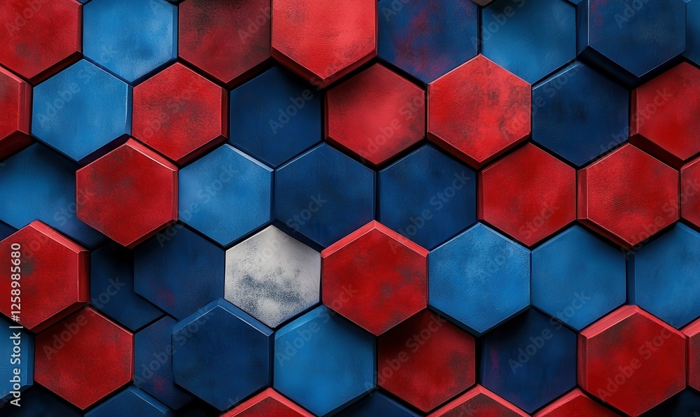 Poster geometric red and blue hexagonal shapes arranged in a modern and abstract pattern, creating bold vis