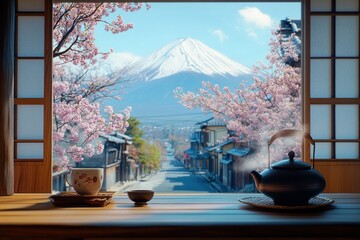 Enjoy a serene traditional Japanese tea ceremony in an old house, featuring beautiful cherry...