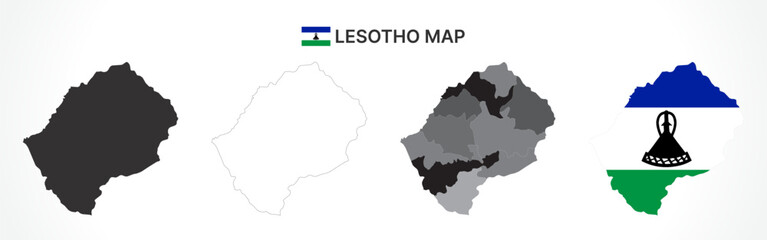 Detailed Lesotho Map Collection with Outline, Silhouette, Districts, and Flag Overlay Variations