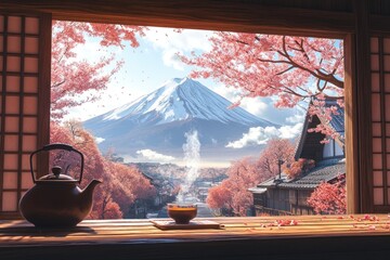 Participants enjoy a traditional Japanese tea ceremony inside an old house, surrounded by blooming cherry blossoms and the majestic Mount Fuji