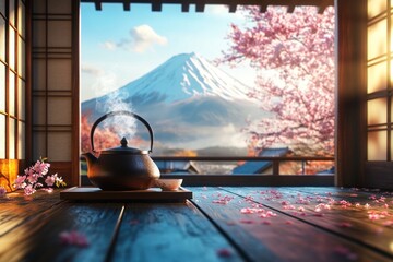 Participants are engaged in a traditional tea ceremony inside an old house, with blooming cherry blossoms and Mount Fuji in view