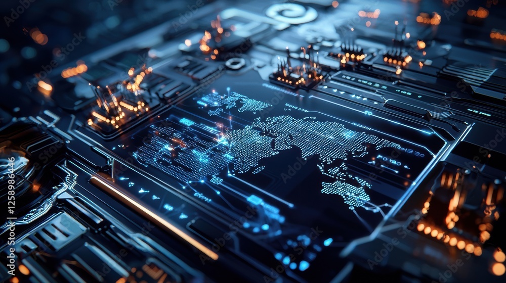 Poster A computer chip with a map of the world on it