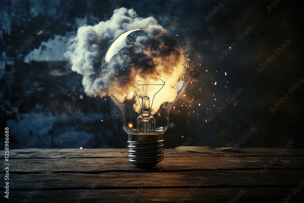 Poster an innovative representation features a light bulb bursting with smoke and sparks in a shadowy envir