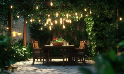Elegant outdoor dining area with lush greenery and wooden furniture, warm lighting adding a cozy and inviting ambiance