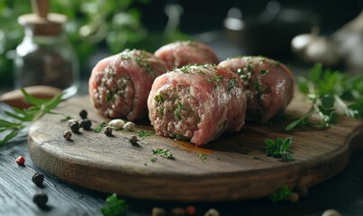 Juicy meatballs rolled to perfection, placed on a wooden cutting board with fresh herbs and spices for a rustic kitchen vibe