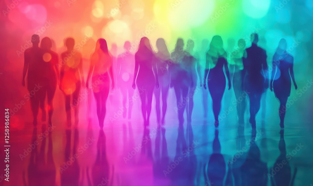 Poster vibrant rainbow of silhouettes representing unity and diversity, soft focus and layered textures add