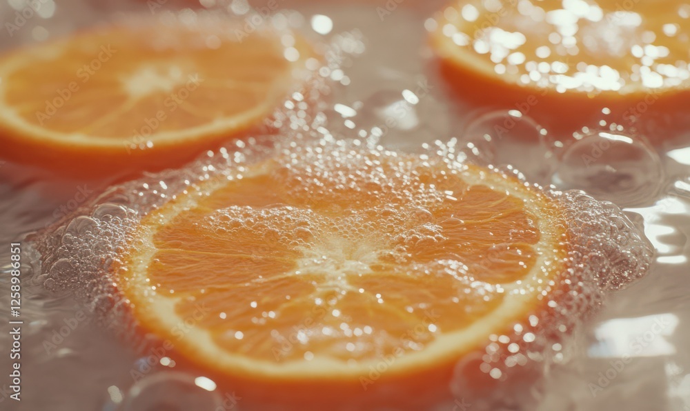 Poster fresh orange slices submerged in sparkling water with bubbles clinging to their surface, creating a 