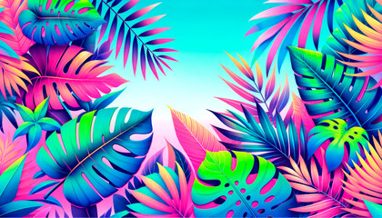 Colorful Tropical Leaves On A Gradient Background, Bright Exotic Foliage, Ideal For Summer Designs, Fashion, Branding, Digital Art, Interior Decor, Travel Promotions, And Creative Projects.