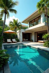 Expansive villa, private pool, vibrant garden oasis ,  plants,  relaxation,  landscaping