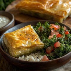 Close-up of a rice bowl with Greek spanakopita and salad. Featuring a savory and flaky dish. Highlighting the texture and flavors of the spanakopita. Ideal for food and cultural themes.