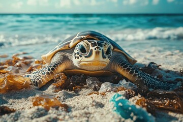 Fototapeta premium A turtle rests on a beach littered with plastic waste and debris, showcasing the impact of pollution on marine life