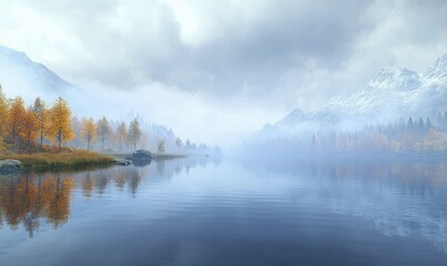 Fototapeta premium Serene mountain lake with reflections of autumn trees and a misty horizon, styled for a tranquil and picturesque scene