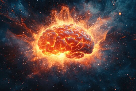 Concept of a brain exploding with energy, symbolizing powerful thoughts and creativity, surrounded by a colorful cosmic backdrop