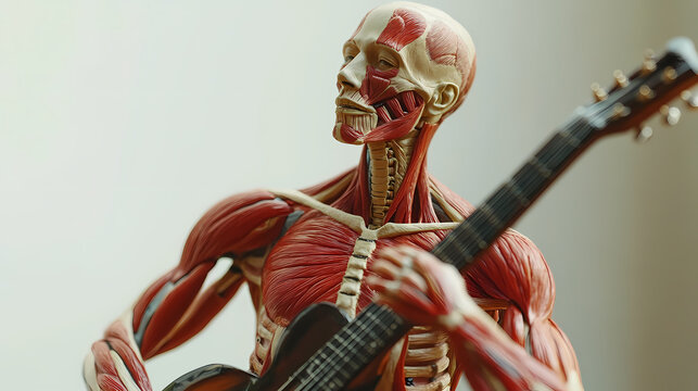A full-body anatomical model that illustrates the muscular system, offering a comprehensive view into the muscular and skeletal structure for educational purposes. Music-Fueled Worlds. Illustration