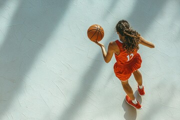 An Arabic female basketball player in a red uniform is focused on her game as she prepares to take a shot on the court