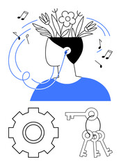 Headphones connected to flowing music notes inspiring growth with flowers, gears symbolizing creation, and keys for transparency. Ideal for innovation, inspiration, mental wellness, self-growth