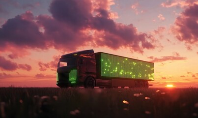 Minimalist eco-friendly truck glowing under vibrant sunset skies, representing green transport solutions.