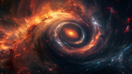 A massive black hole consumes galaxies, swirling fiery matter, distorting space-time, contrasting darkness with cosmic light in a breathtaking celestial event.