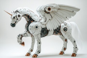 This striking cyborg features a white pegasus design with mechanical details, wings, and a unicorn horn, ideal for futuristic art concepts