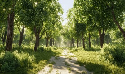Tranquil forest scene with tall, lush green trees and soft dappled light filtering through, creating a serene and immersive nature view