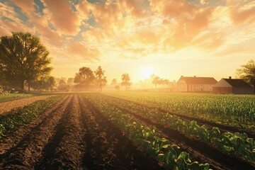 Obraz premium A farm bathed in the golden light of a rising sun