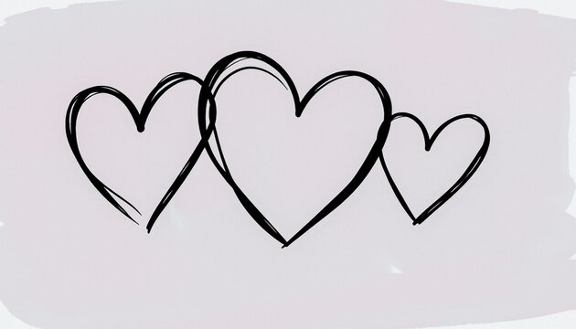Three overlapping hand-drawn black hearts on a pastel pink background, symbolizing love and unity.