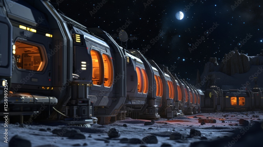Poster a modern moon base under a starry sky, showcasing bright interiors through its circular windows. the
