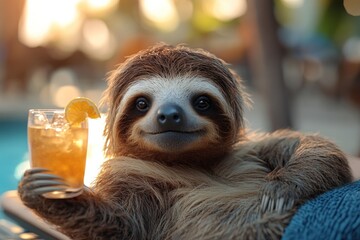 Fototapeta premium A relaxed sloth smiles while holding a cocktail, basking in the sun by the pool on a warm afternoon, capturing a playful and carefree vibe