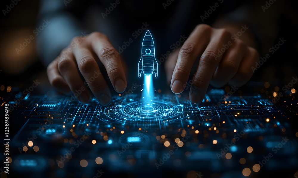 Poster hands launching a digital rocket on a futuristic technological interface representing innovation and