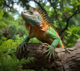 Fototapeta premium Colorful lau banded iguana basking in green vegetation on a tree branch, flora, tropical foliage