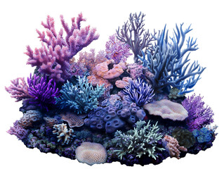 Blue coral reef for aquariums, colorful ocean ecosystem isolated on a transparent background