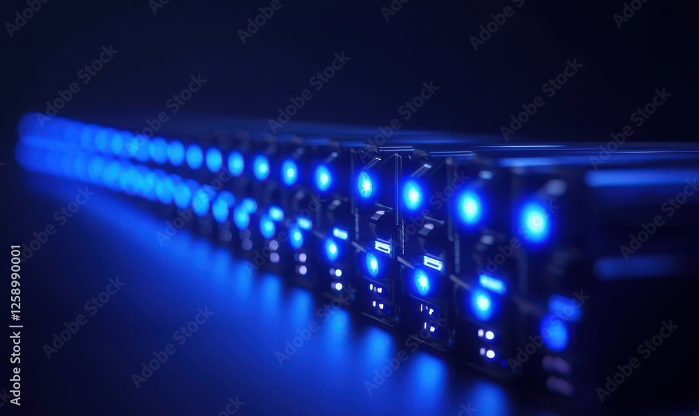 Poster rows of connected data servers glowing with vibrant blue lights, symbolizing advanced technology inf