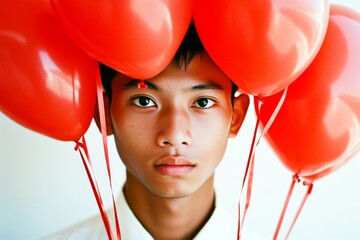 Love confession. Commercial ad campaign idea. Valentine's day greeting from man or for man: impressive bold image of loving asian young guy. Love portrait. Love in the air. Love celebration.
