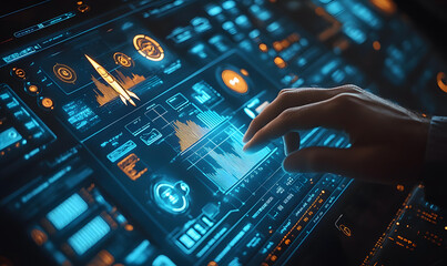 Obraz premium Futuristic Digital Interface Data Analysis Showing Rocket Launch Metrics and Progress