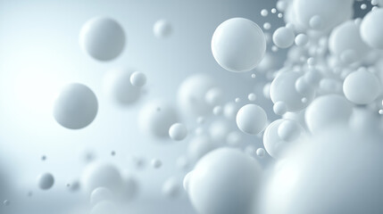 Abstract depiction of white spheres floating in a soft, blurred background with light reflections