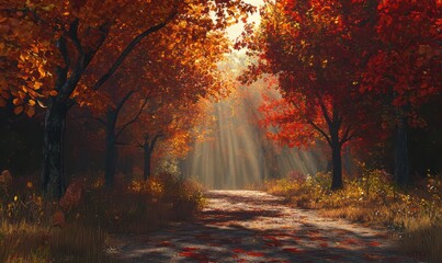 Vibrant autumn forest with fiery red, orange, and golden leaves, dappled sunlight filtering through branches, serene path inviting tranquil exploration, seasonal beauty captured perfectly