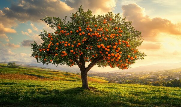 Lone orange tree laden with bright fruit, set against a vibrant green field and a dramatic sky, capturing the lushness of Mediterranean landscapes