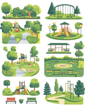 City Park Icons Set Featuring Open Recreational Spaces for Urban Design