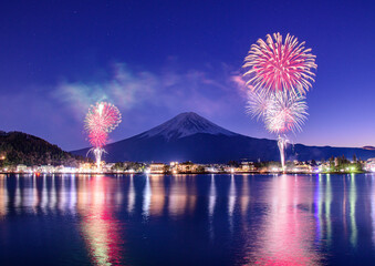 河口湖から富士山と花火