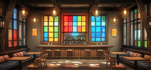 Colorful pub interior, daytime scene, stained glass, game background
