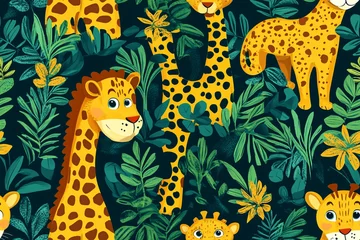 Pattern with cartoon giraffes, leopards and tigers in bright jungle shades, patterns