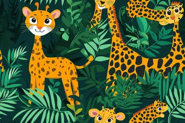 Pattern with cartoon giraffes, leopards and tigers in bright jungle shades, patterns