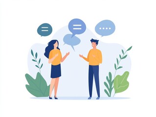 Two people engaging in a conversation with speech bubbles in an outdoor setting